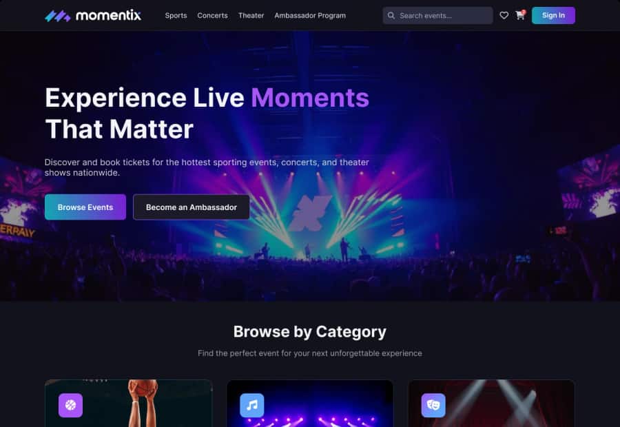 Momentix ticketing homepage