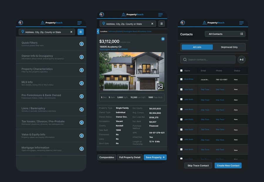 PropertyReach Mobile filters, property details and contacts screens