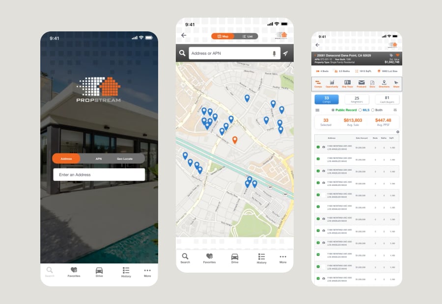 PropStream iPhone app launch, map search and comps screens