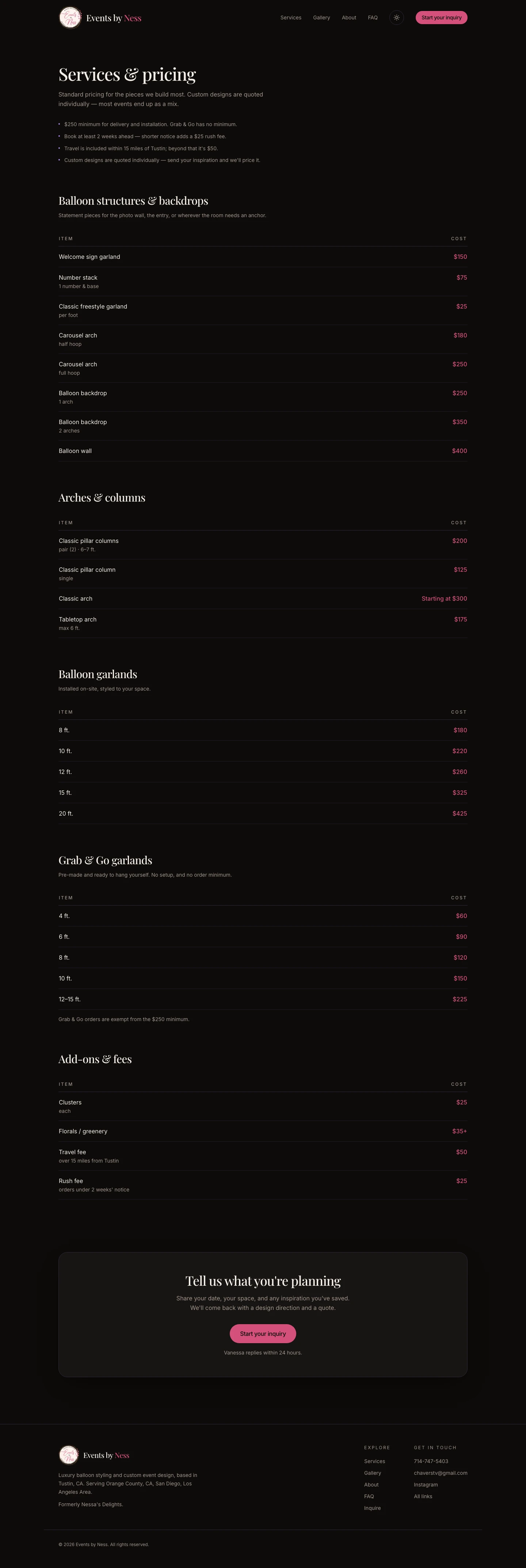 Services & pricing — five rate cards and the four policies that shape a quote