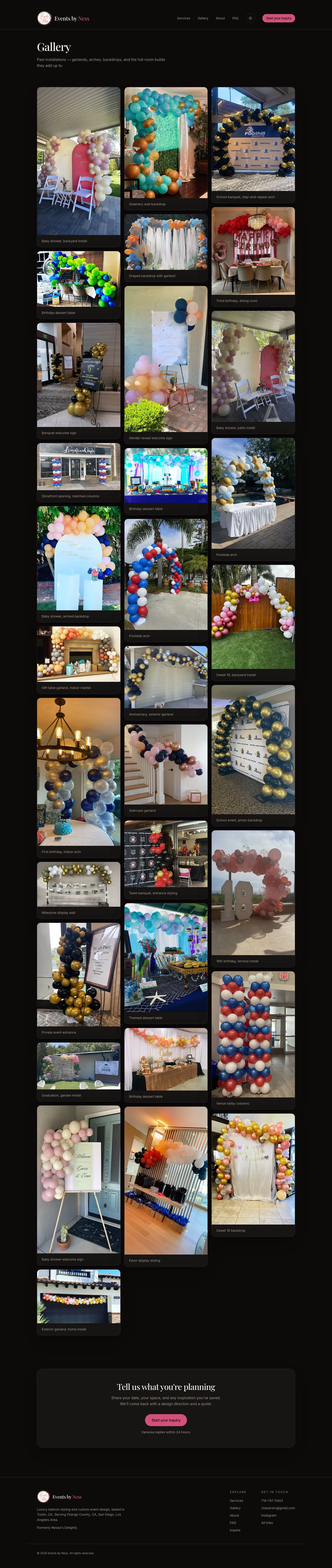 Gallery — 32 past installations, each captioned with the occasion and the setting