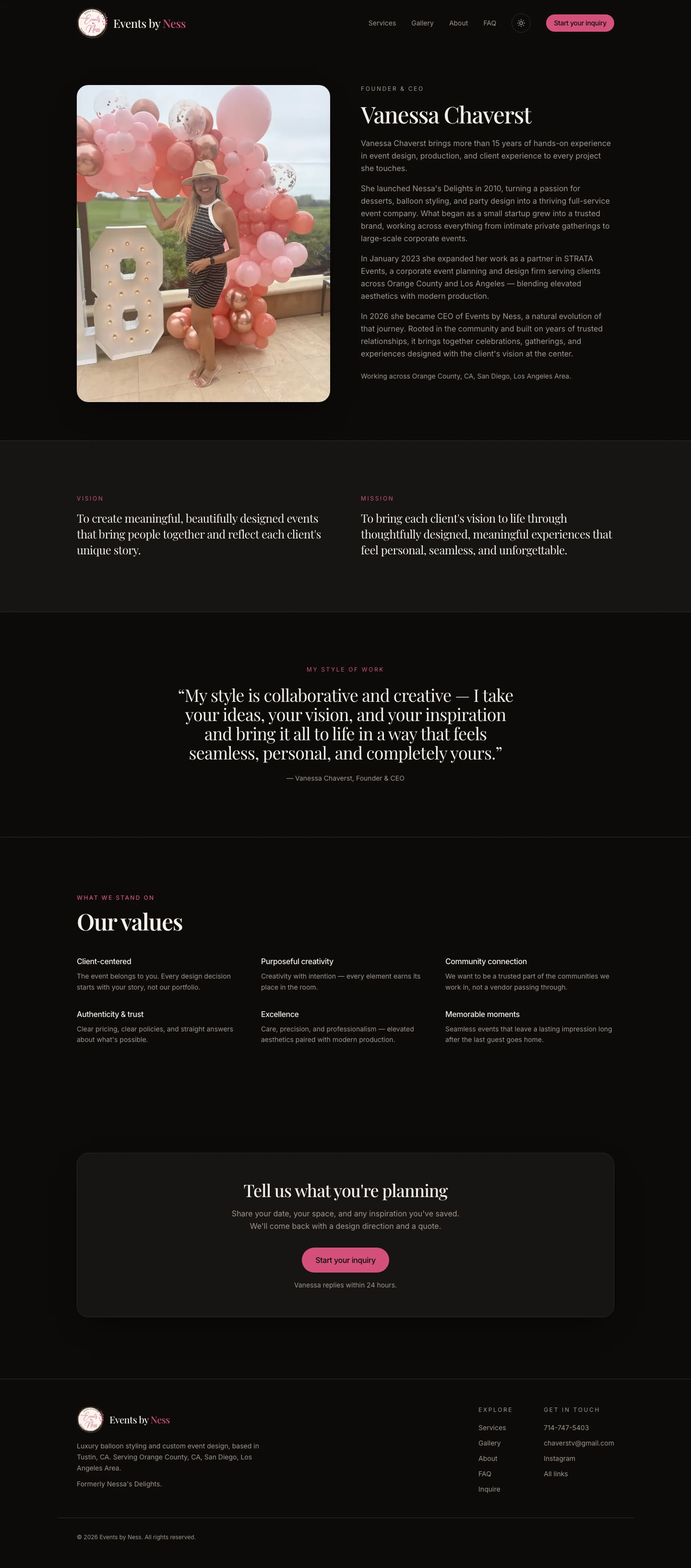 About — Vanessa's 15 years, the 2026 rebrand, and the values behind the work