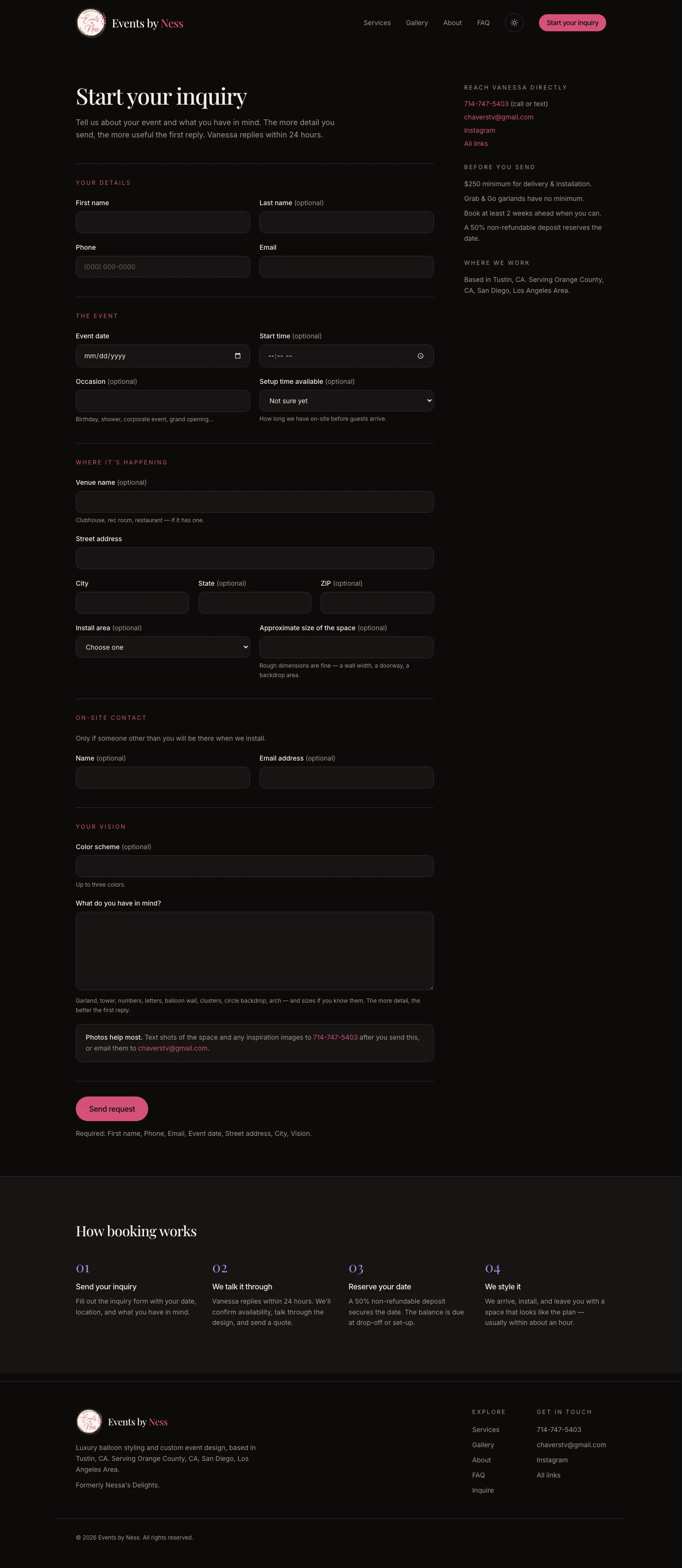 Inquiry — the form, the constraints to read before sending, and how booking works
