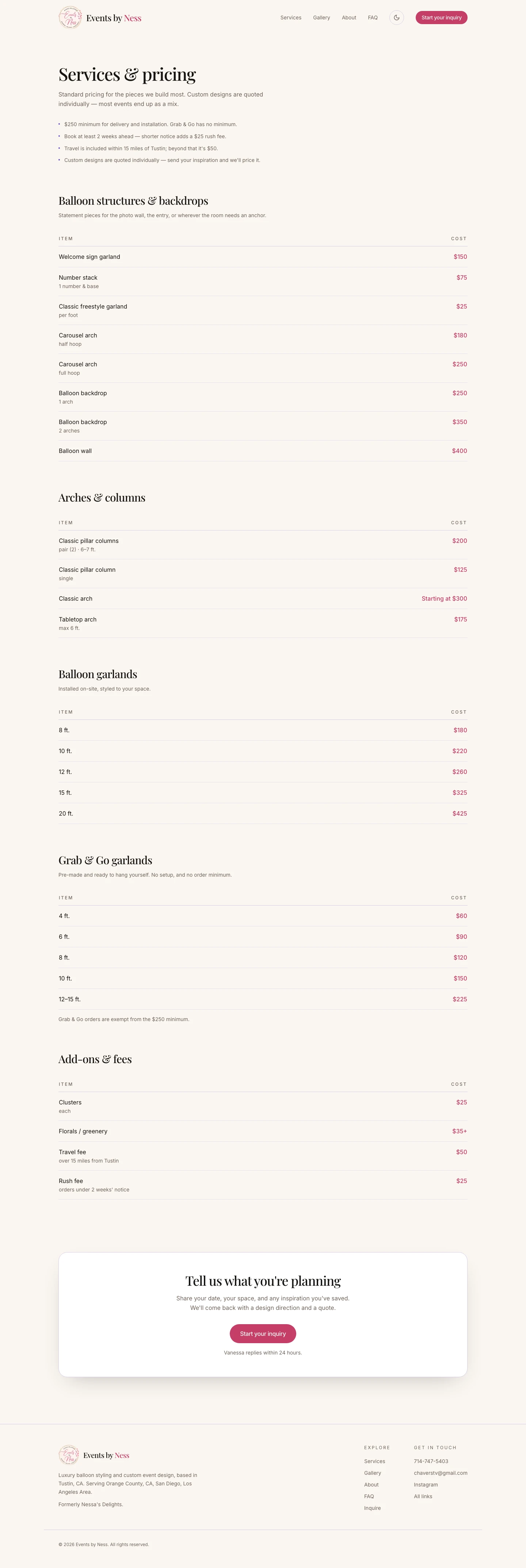 Services & pricing — rate cards holding their row rhythm on a warm off-white