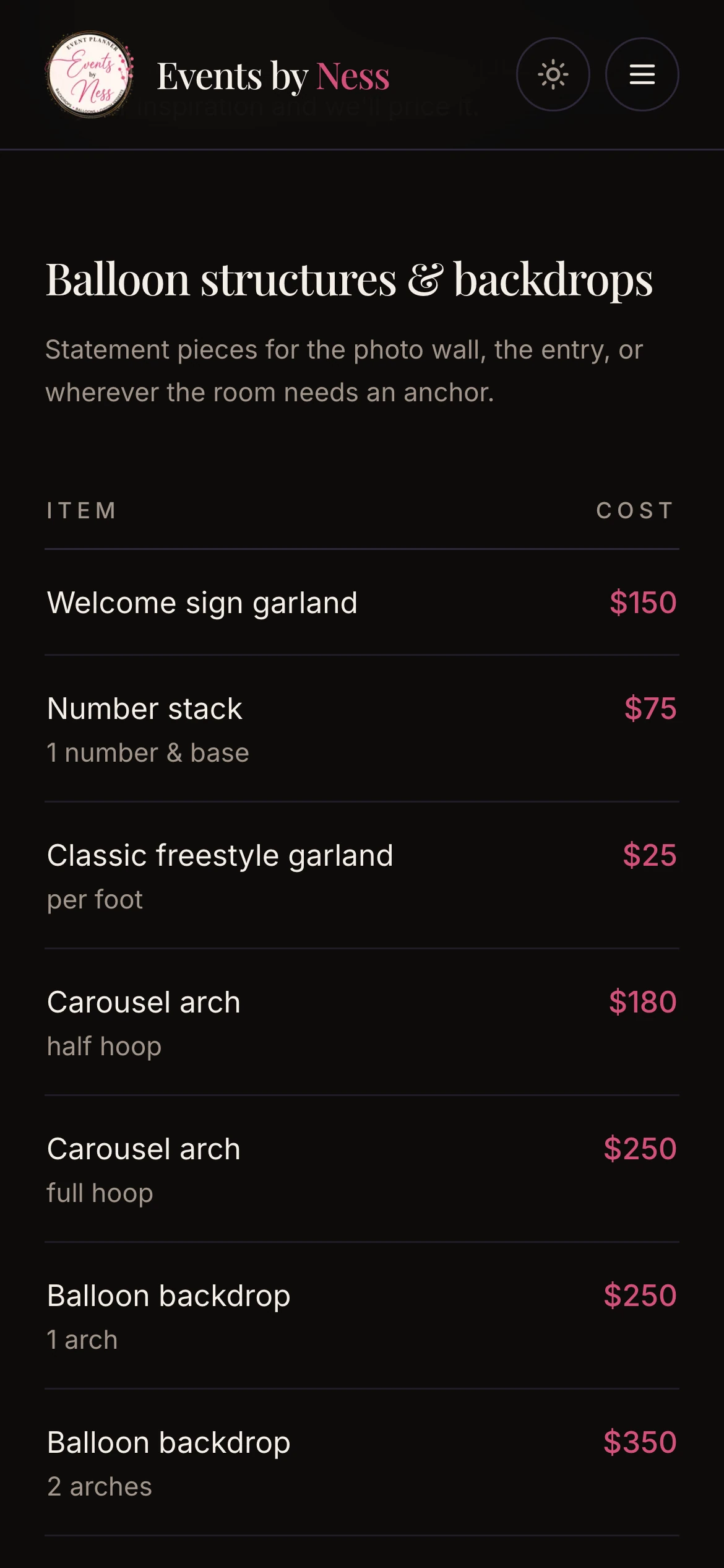 390px — a rate card keeping item and cost side by side at the narrowest width