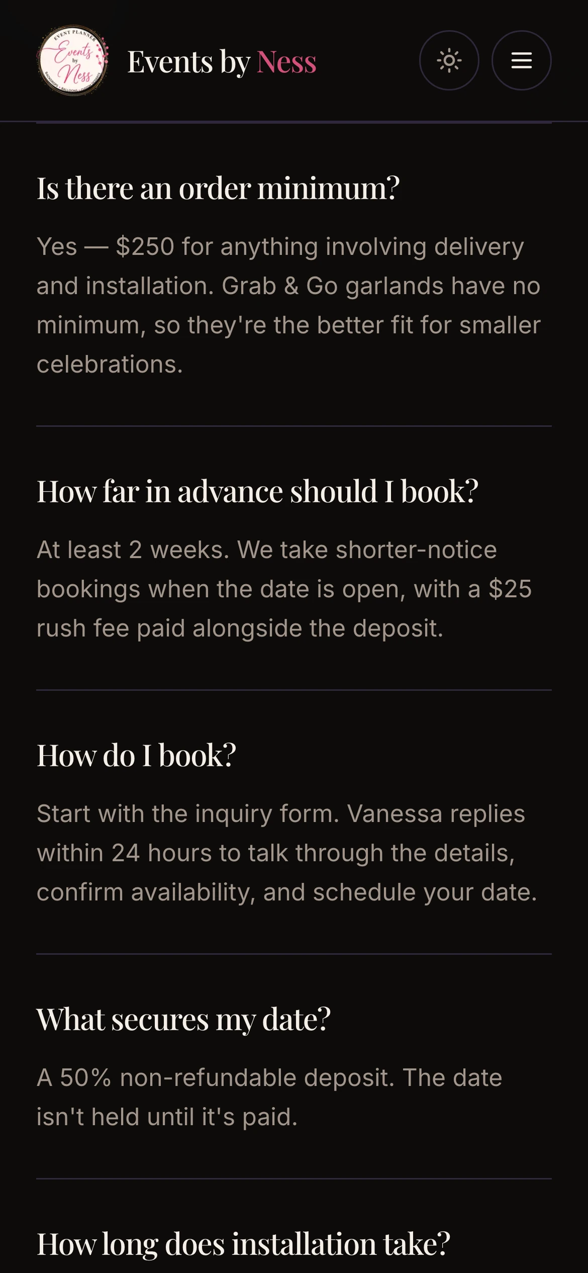 390px — FAQ, answers in full rather than collapsed