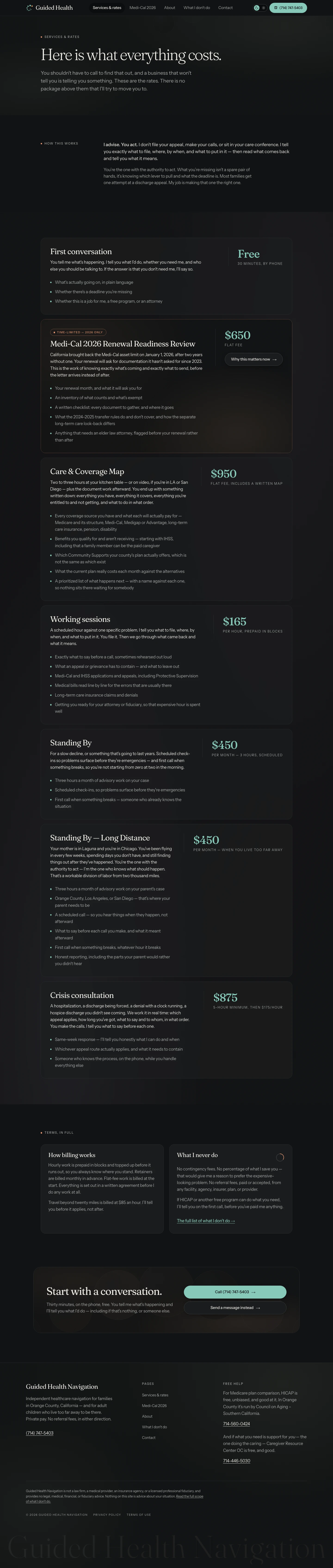 Services & rates — the price column holding its weight against a dark surface