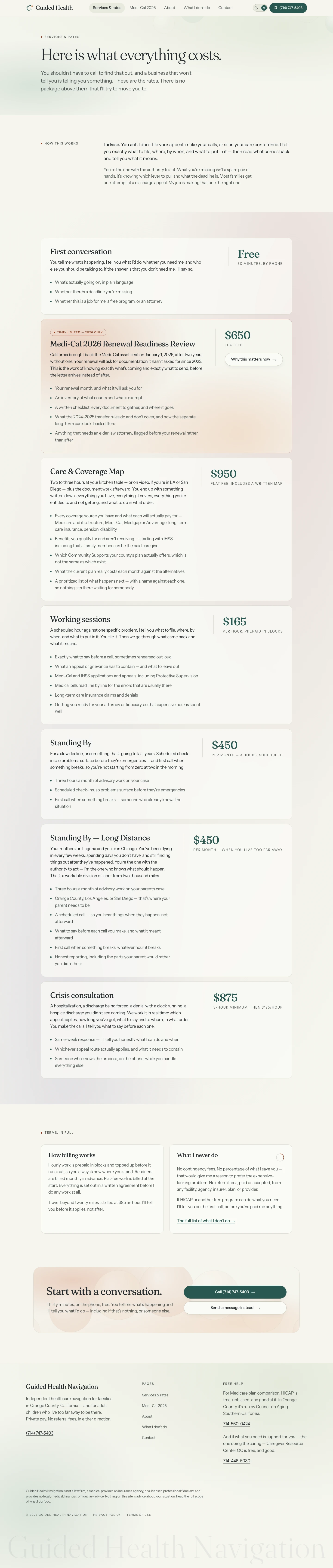 Services & rates — seven engagements priced in full, with the billing rules and the exclusions stated on the same page