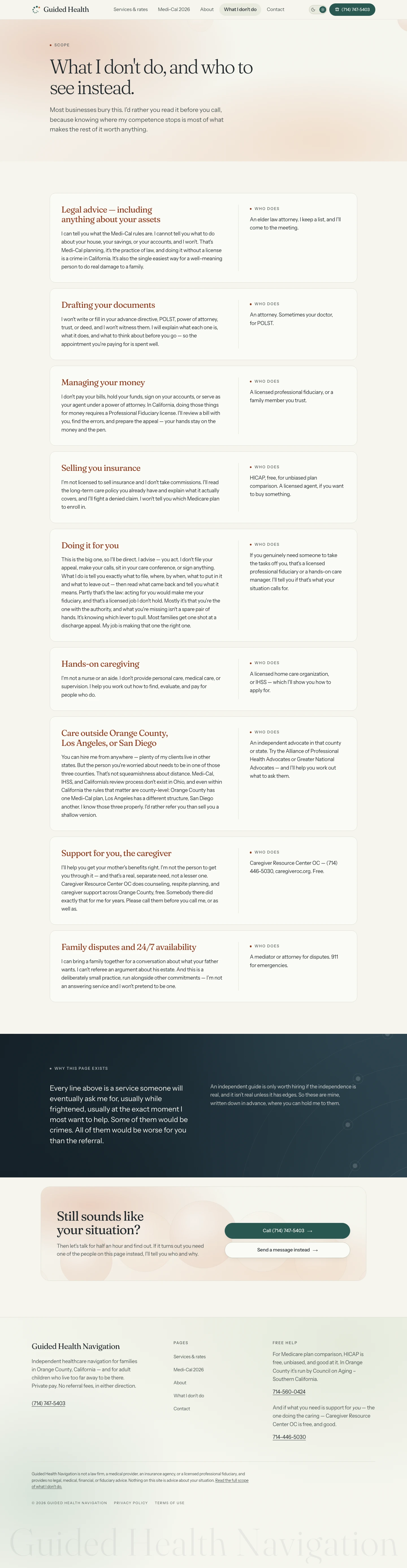 What I don't do — nine boundaries, each naming the professional to see instead