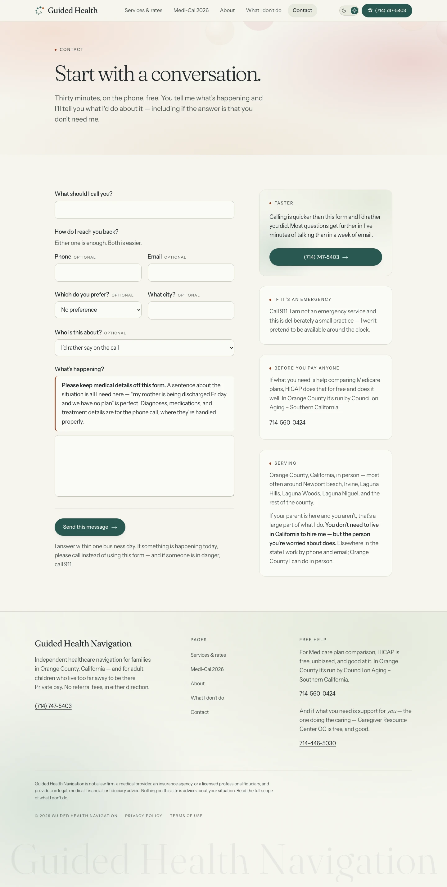 Contact — the intake form, which asks for nothing clinical and says so on the page