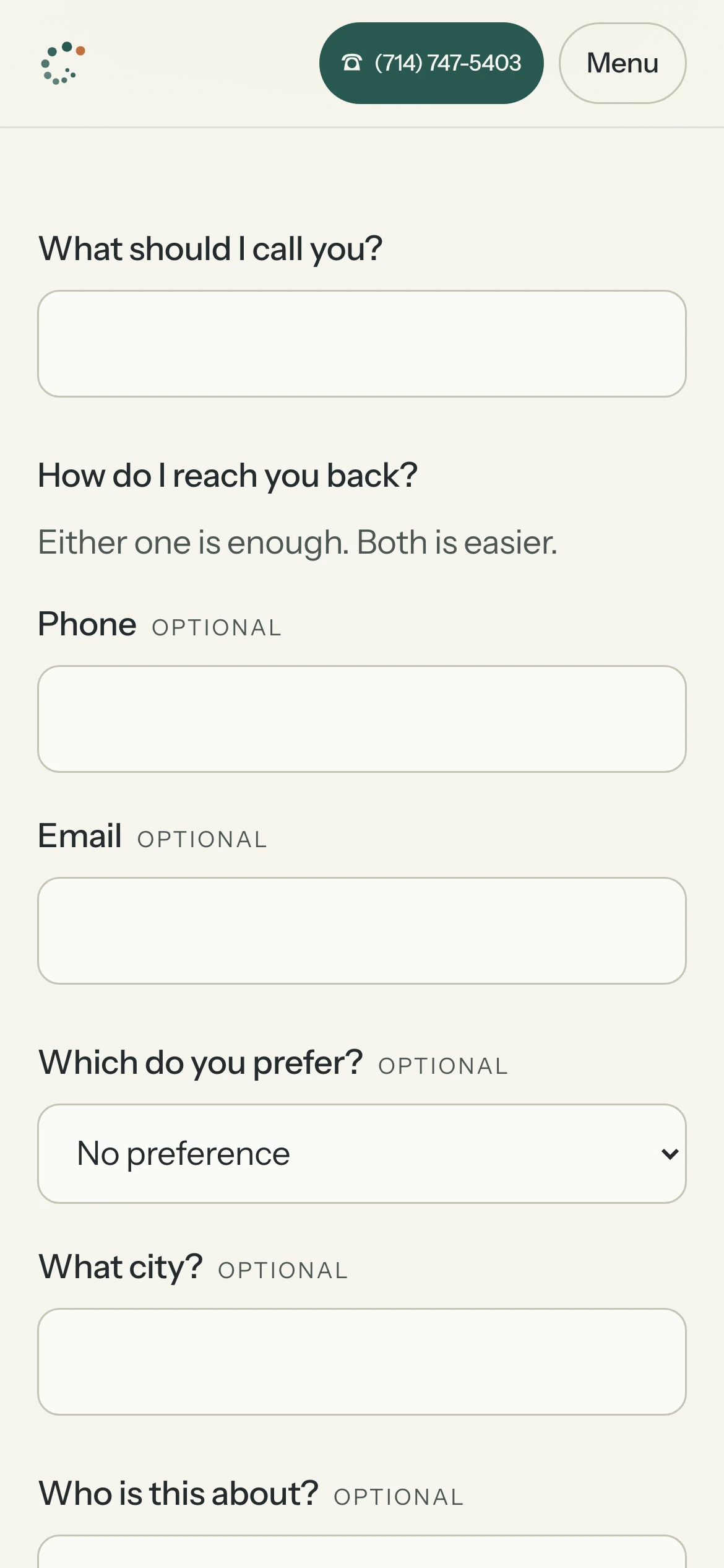 390px — the intake form, where most of it is actually filled in