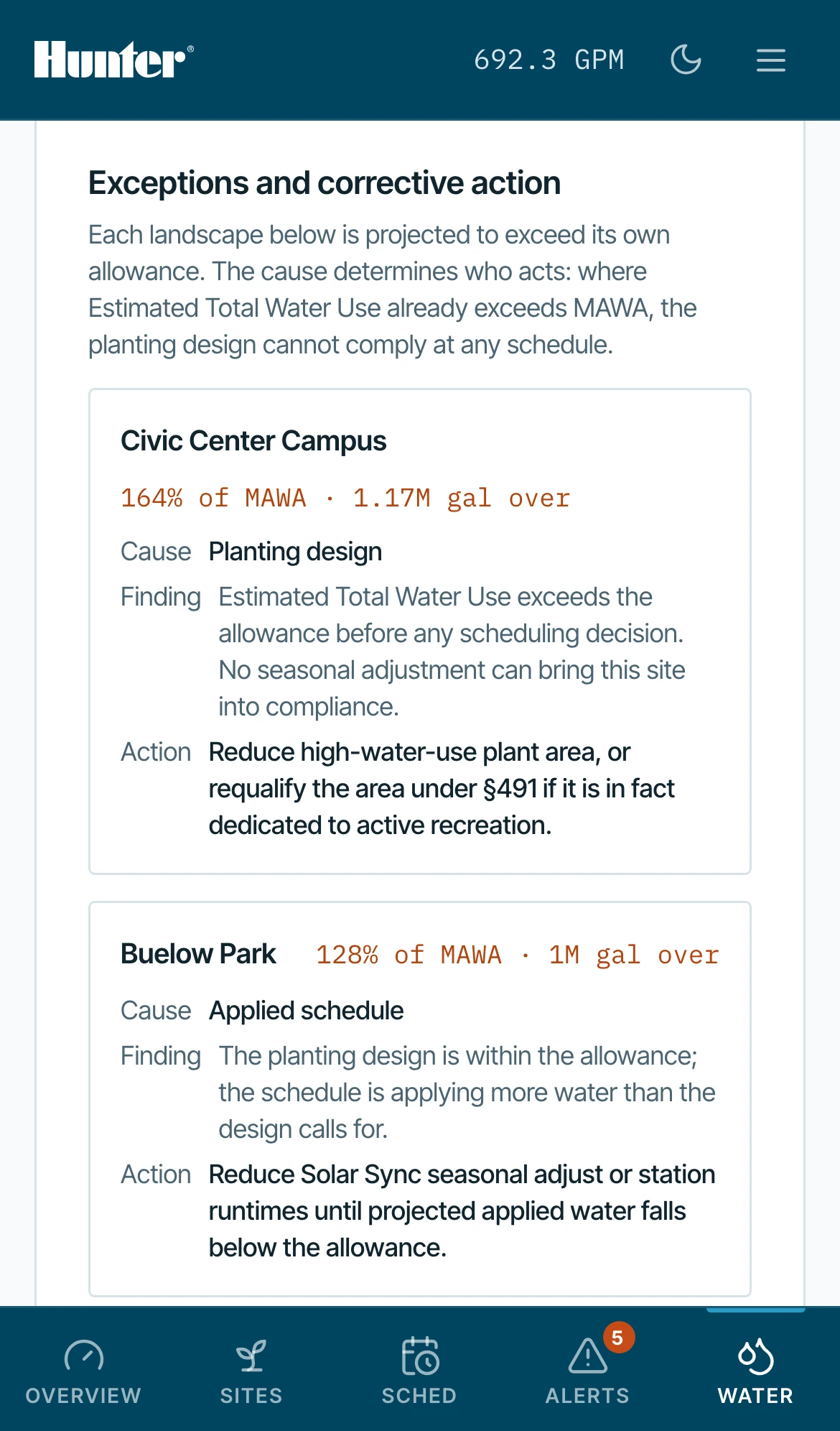 Phone — exceptions split by cause: a planting-design failure is not a scheduling one