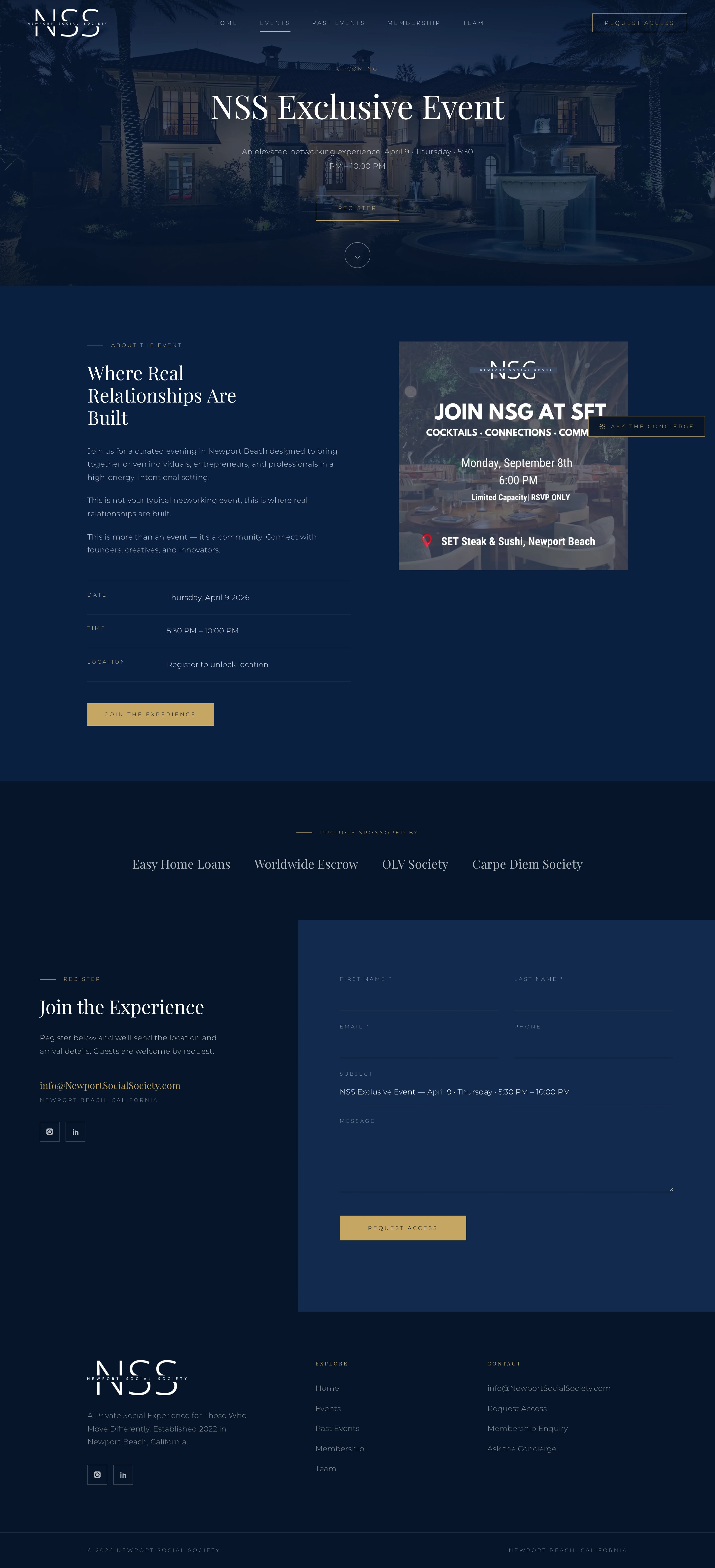 Events — the next evening, its sponsors, and a registration form in place of an address