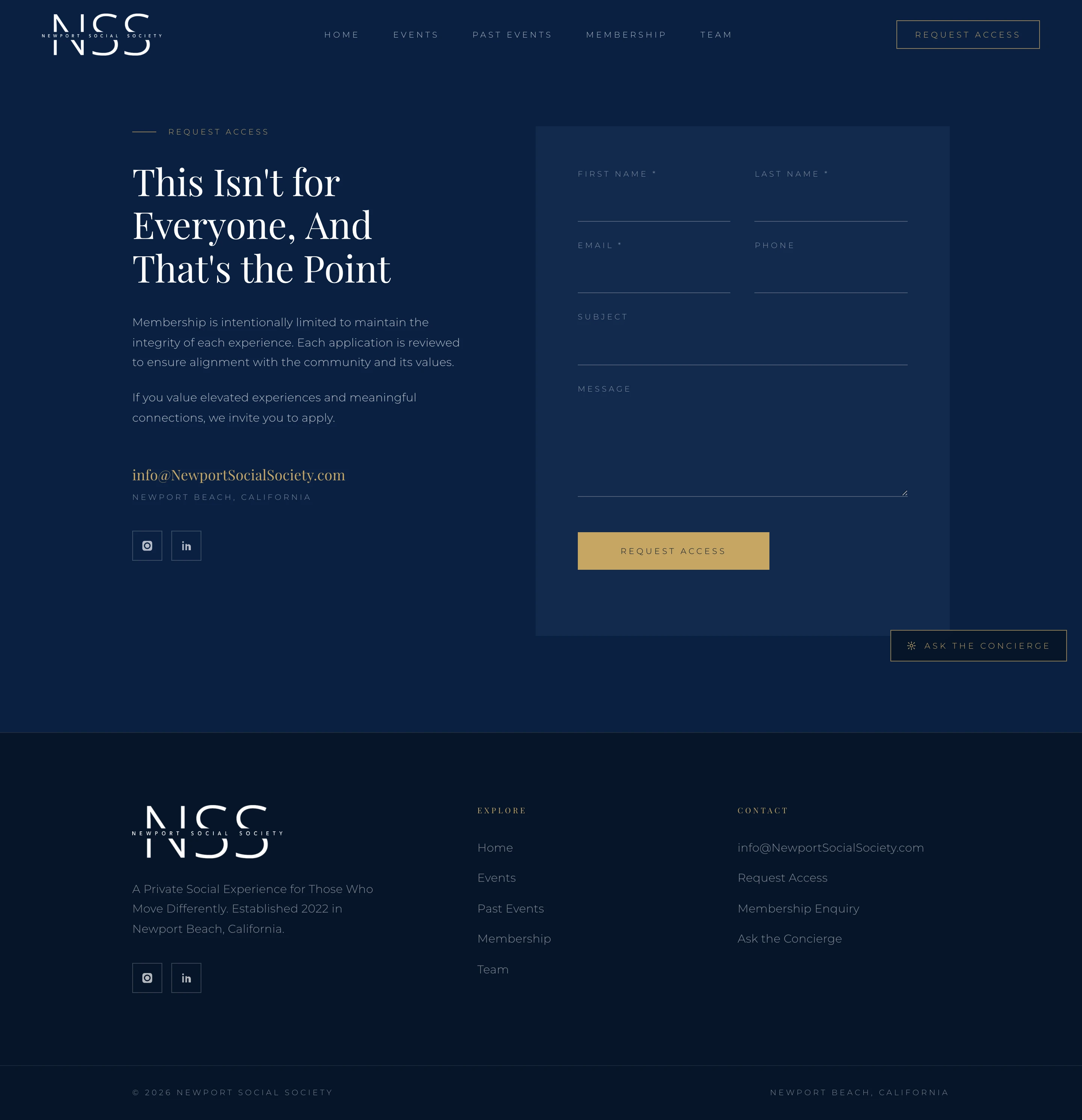 Contact — one route in, framed by the line the whole site is built on