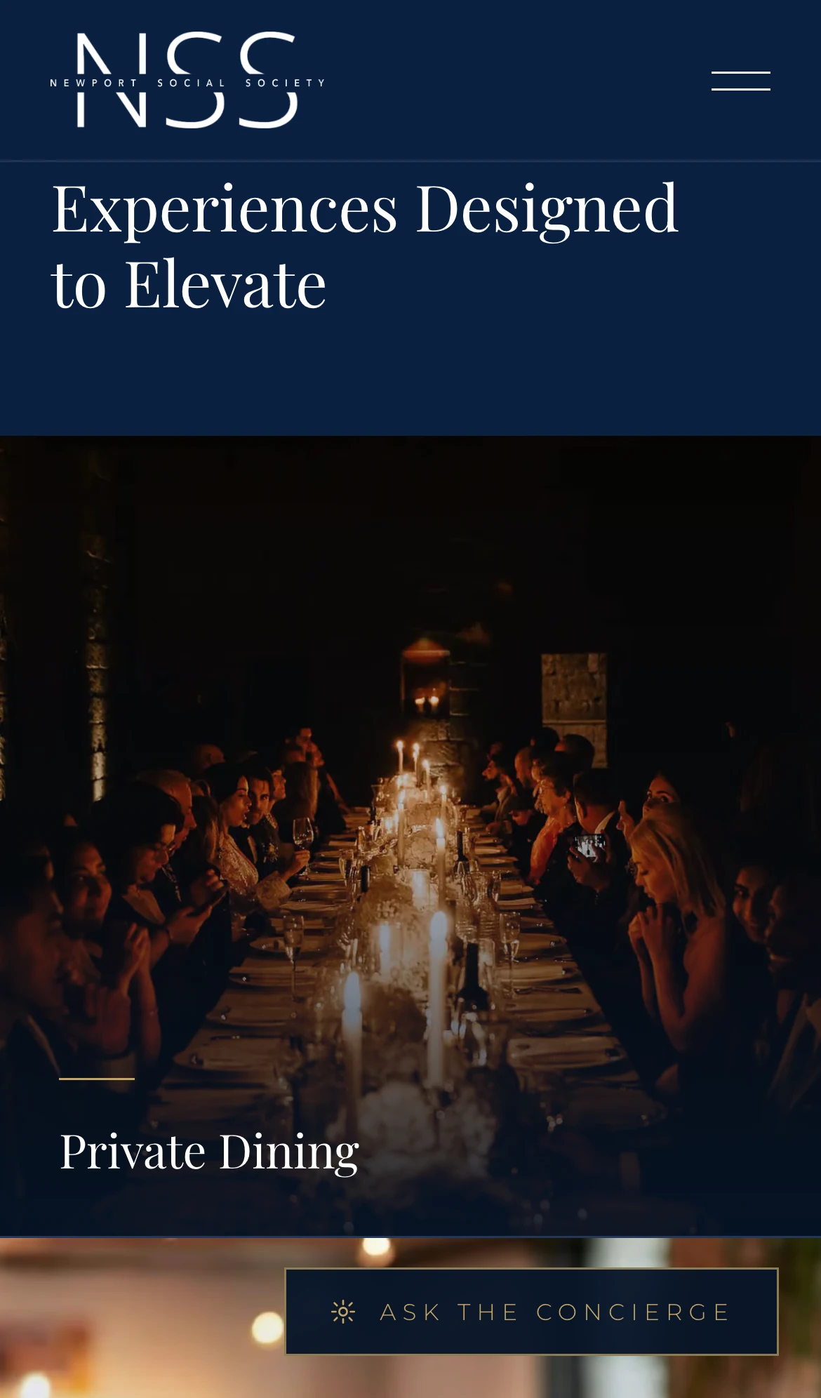 390px — private dining, social gatherings, golf and leisure, invite-only