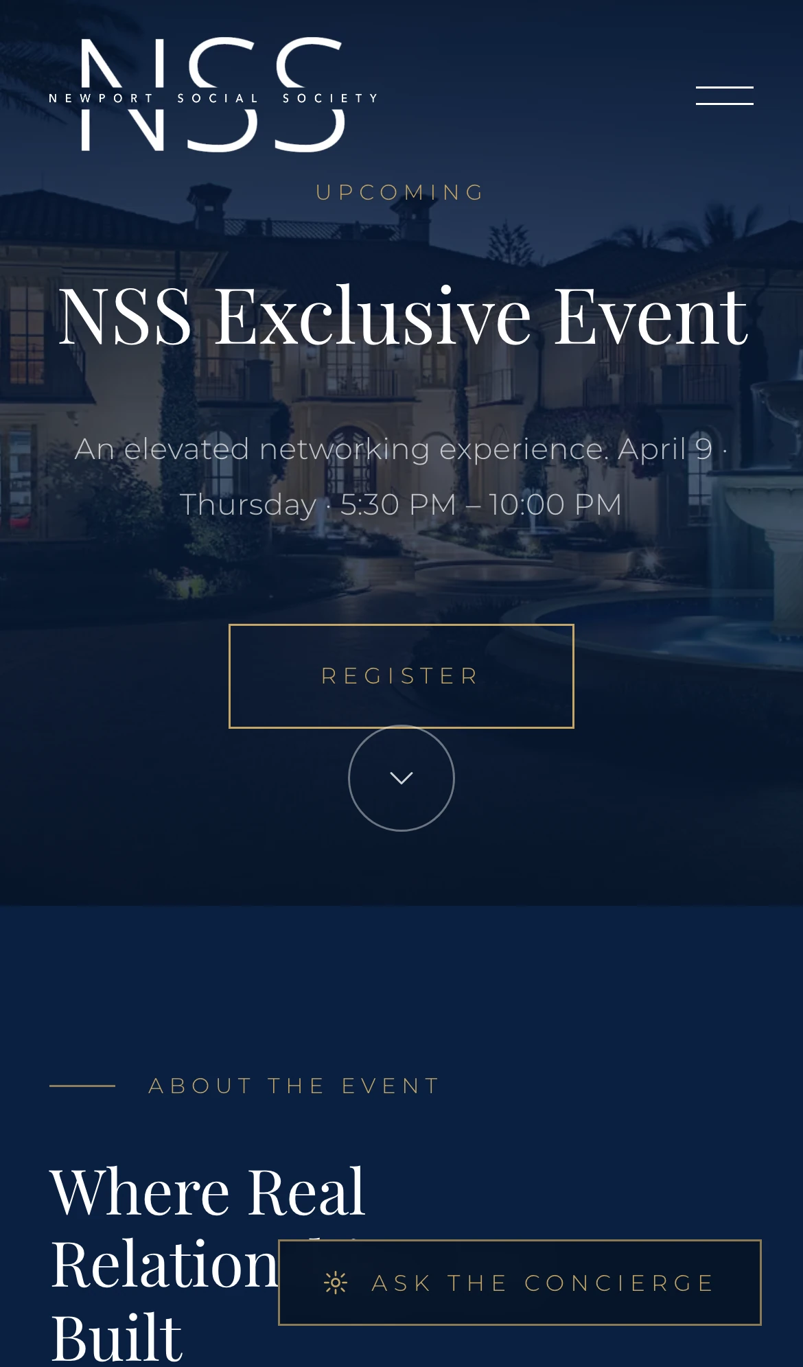 390px — the next event, with registration as the only way to the location