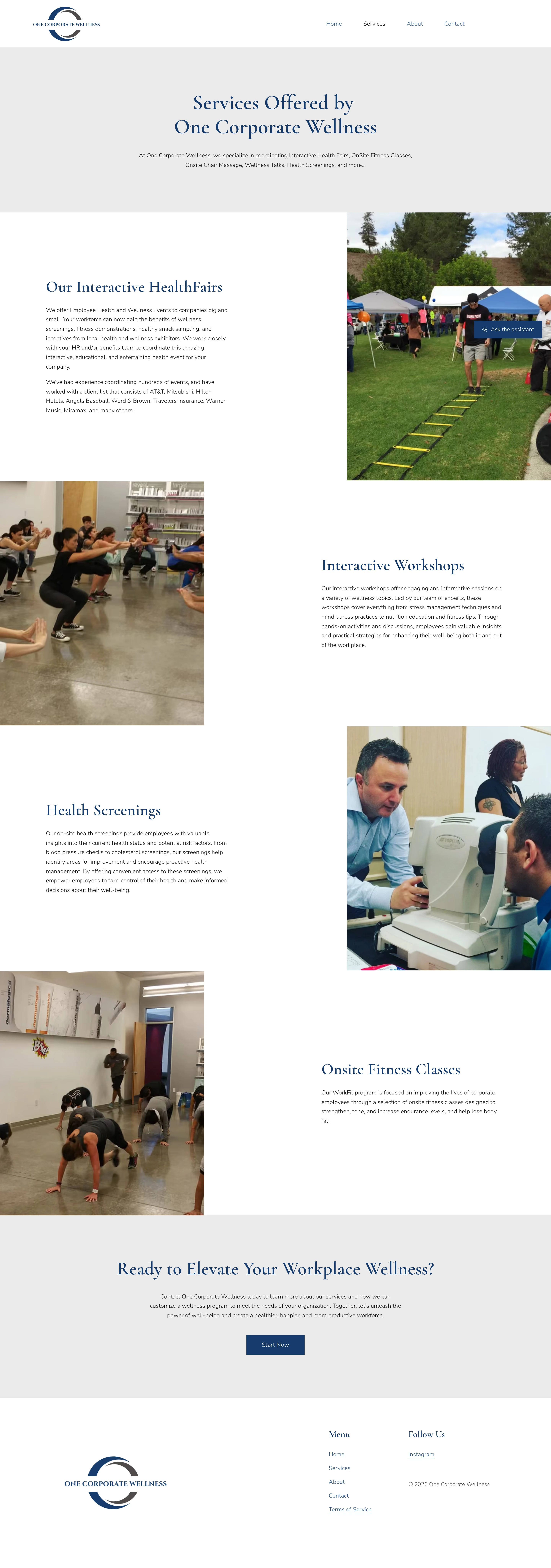 Services — health fairs, workshops, screenings and onsite fitness, each described by the day itself