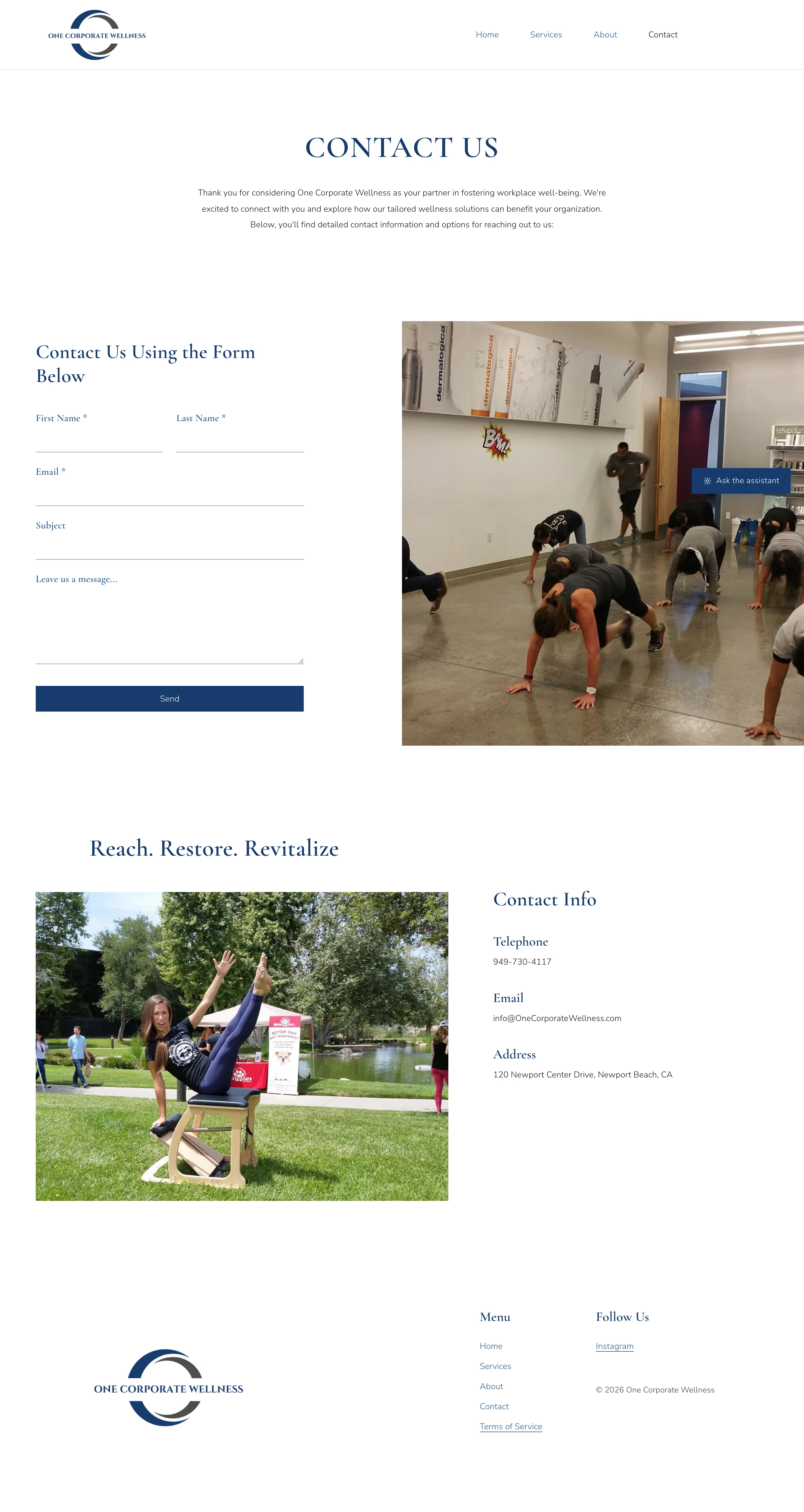 Contact — one form, a phone number, and a direct address