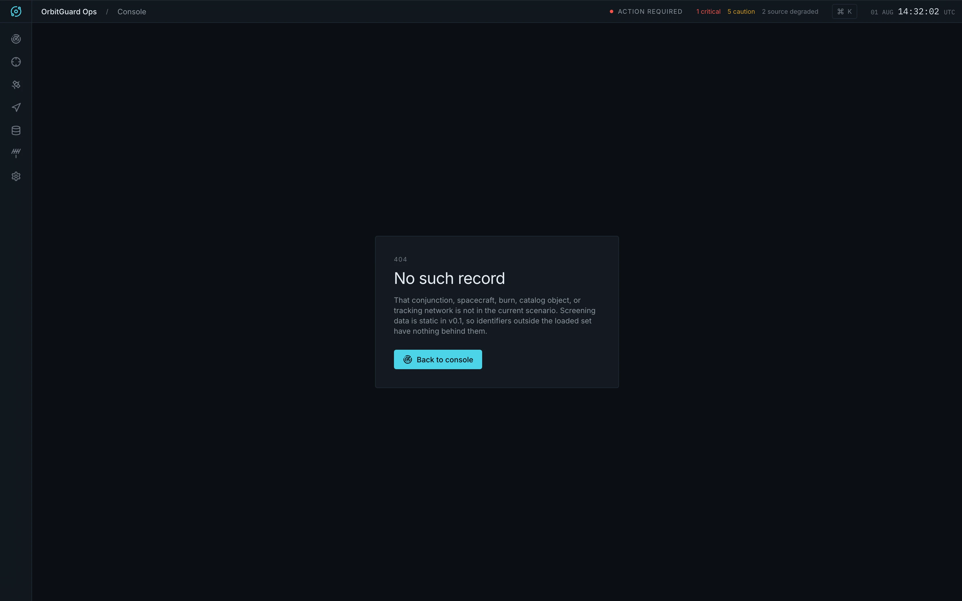 Unresolved record — a styled 404 that explains the scenario