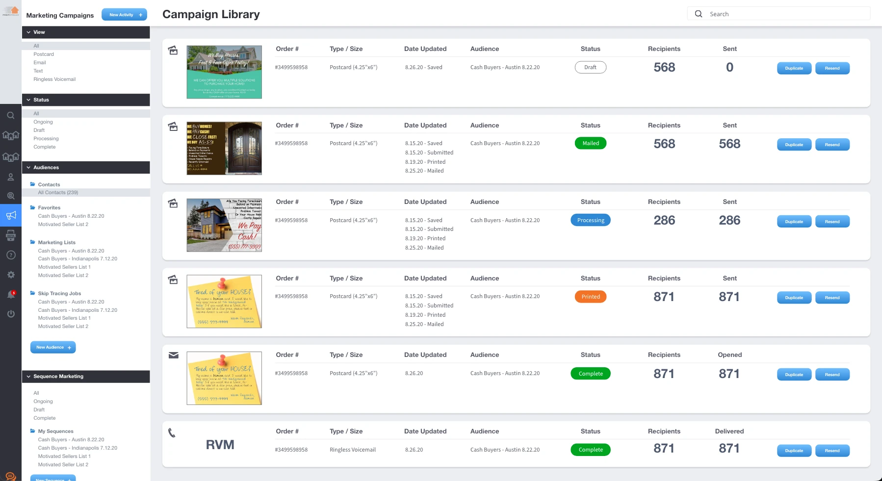 Campaign library — four channels, one row shape