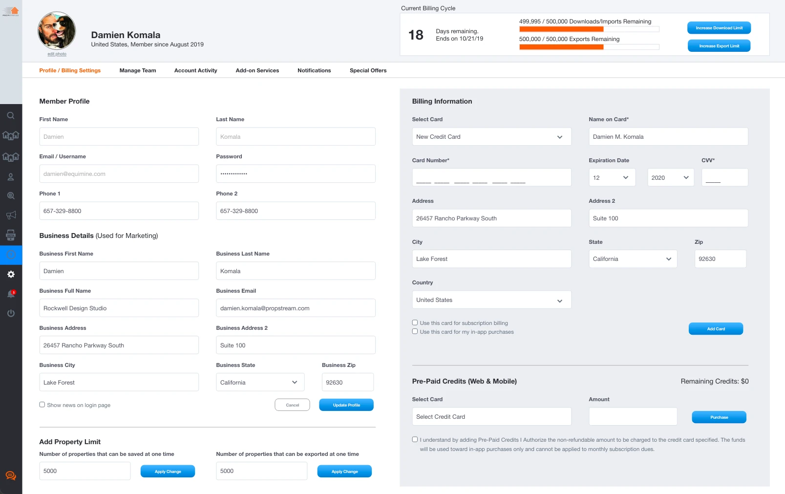 Profile, billing, and plan limits