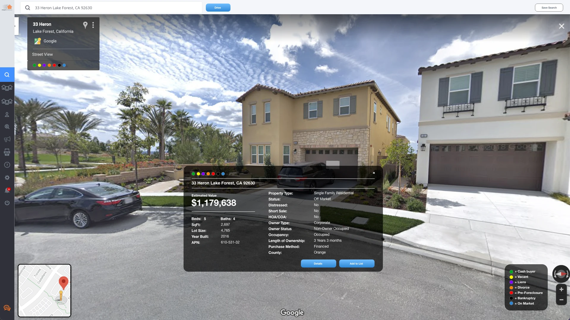Virtual Drive — street view with pins by distress type