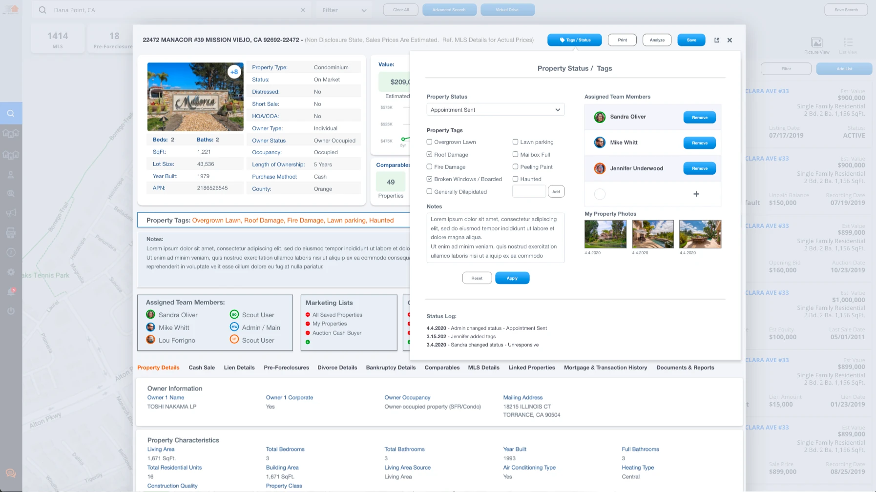 Condition tags, deal status, and the team's status log