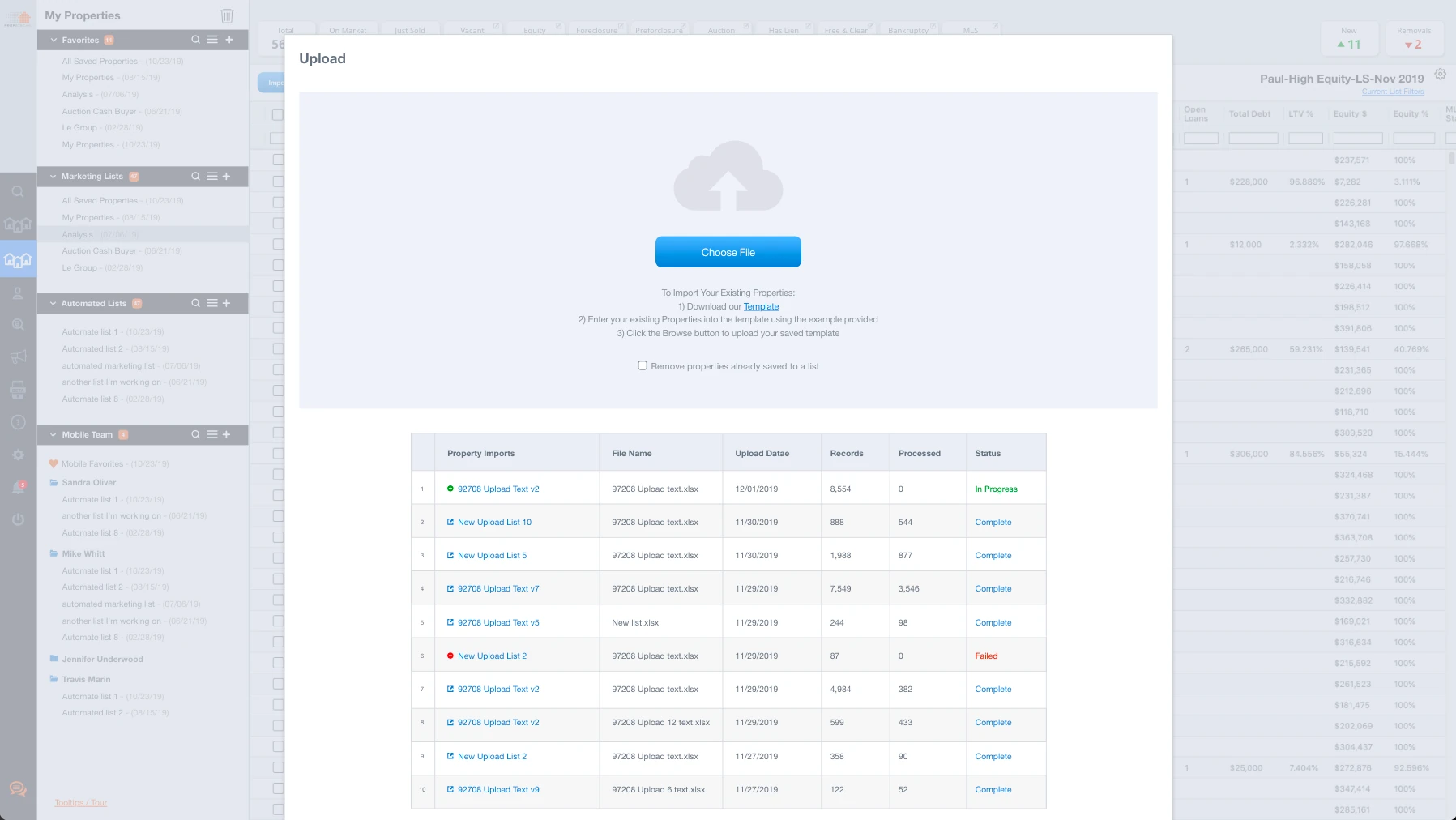 List import — template, dedup, and import history