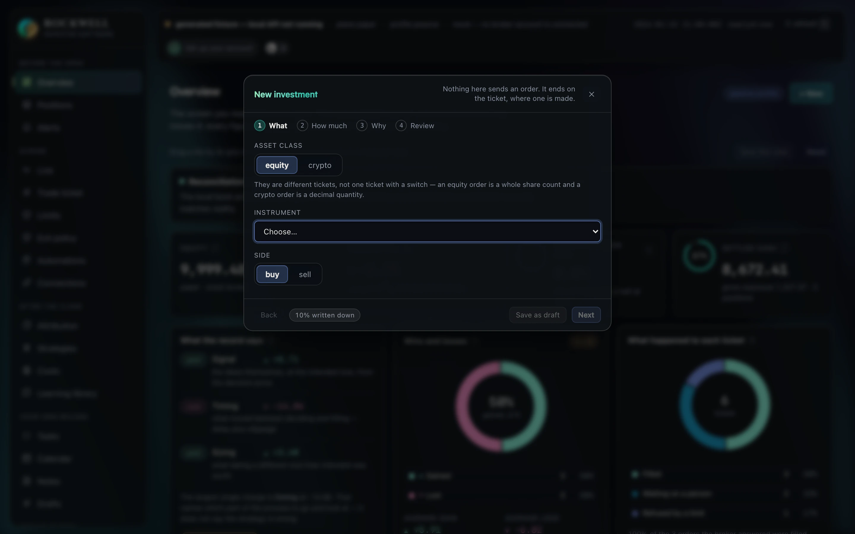 New investment: a four-step walkthrough that ends on the ticket rather than sending anything itself