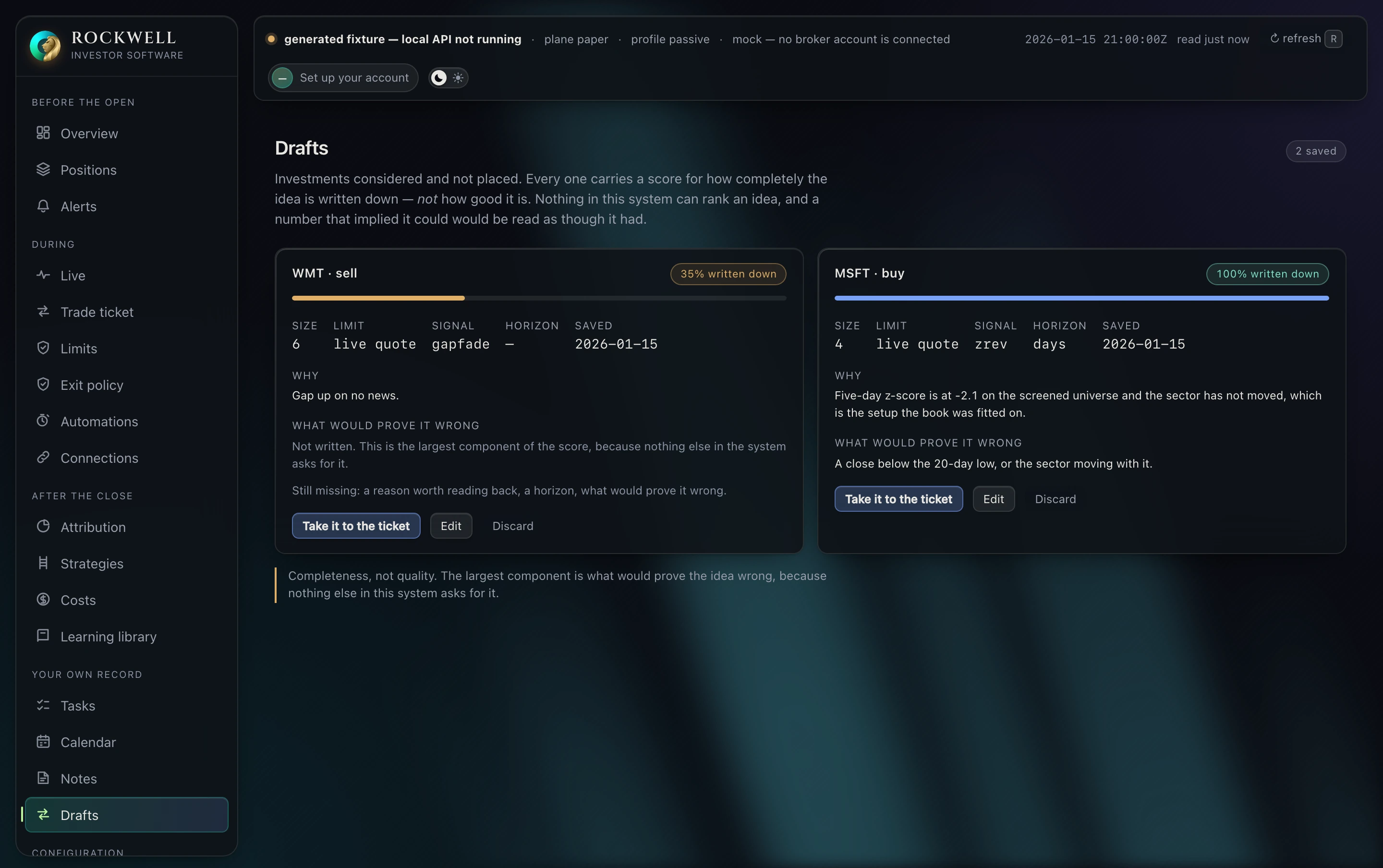 Drafts: ideas not yet placed, scored on how completely they are written down rather than how good they are