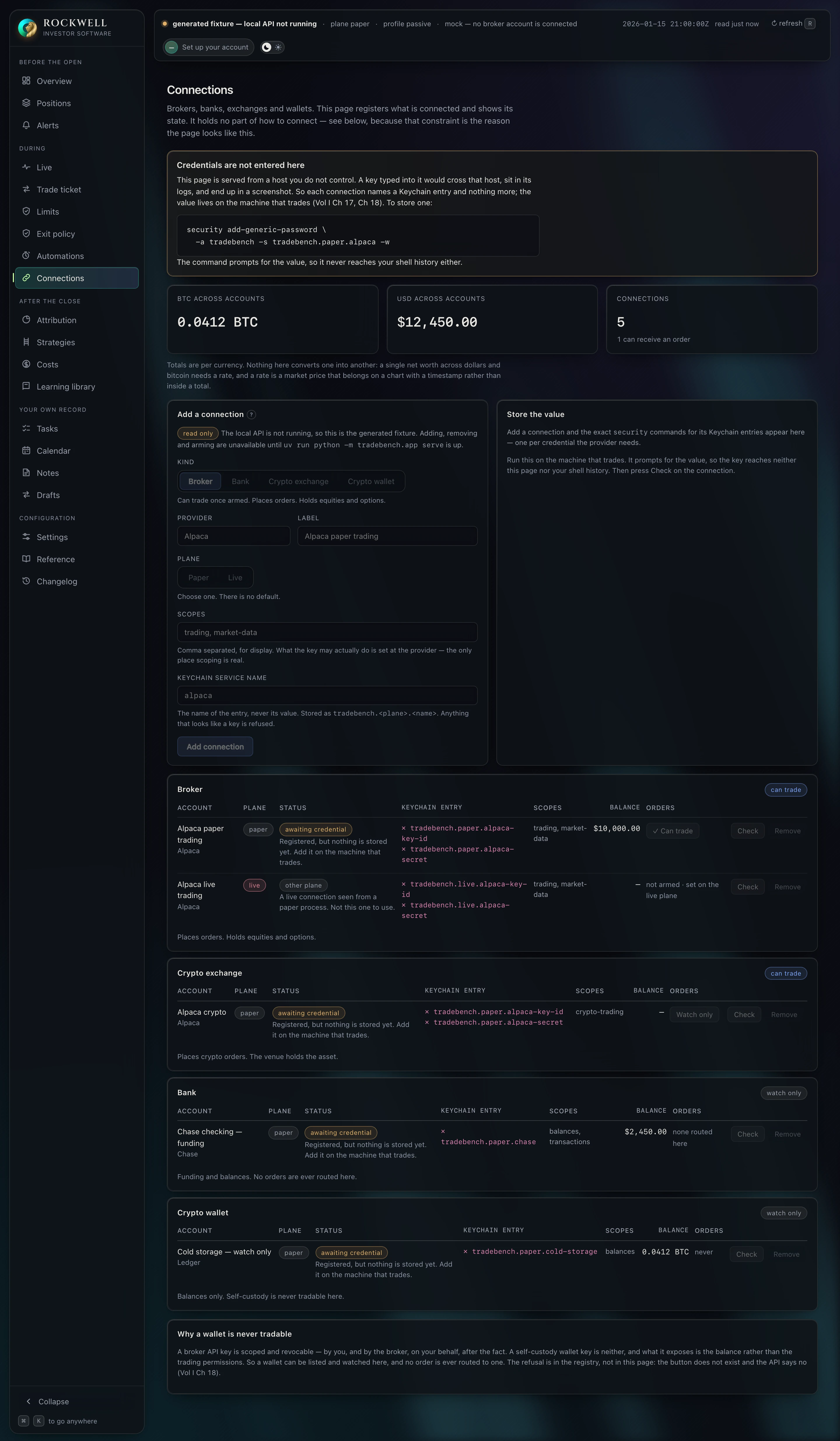 Connections: each account names a Keychain entry and never holds a credential