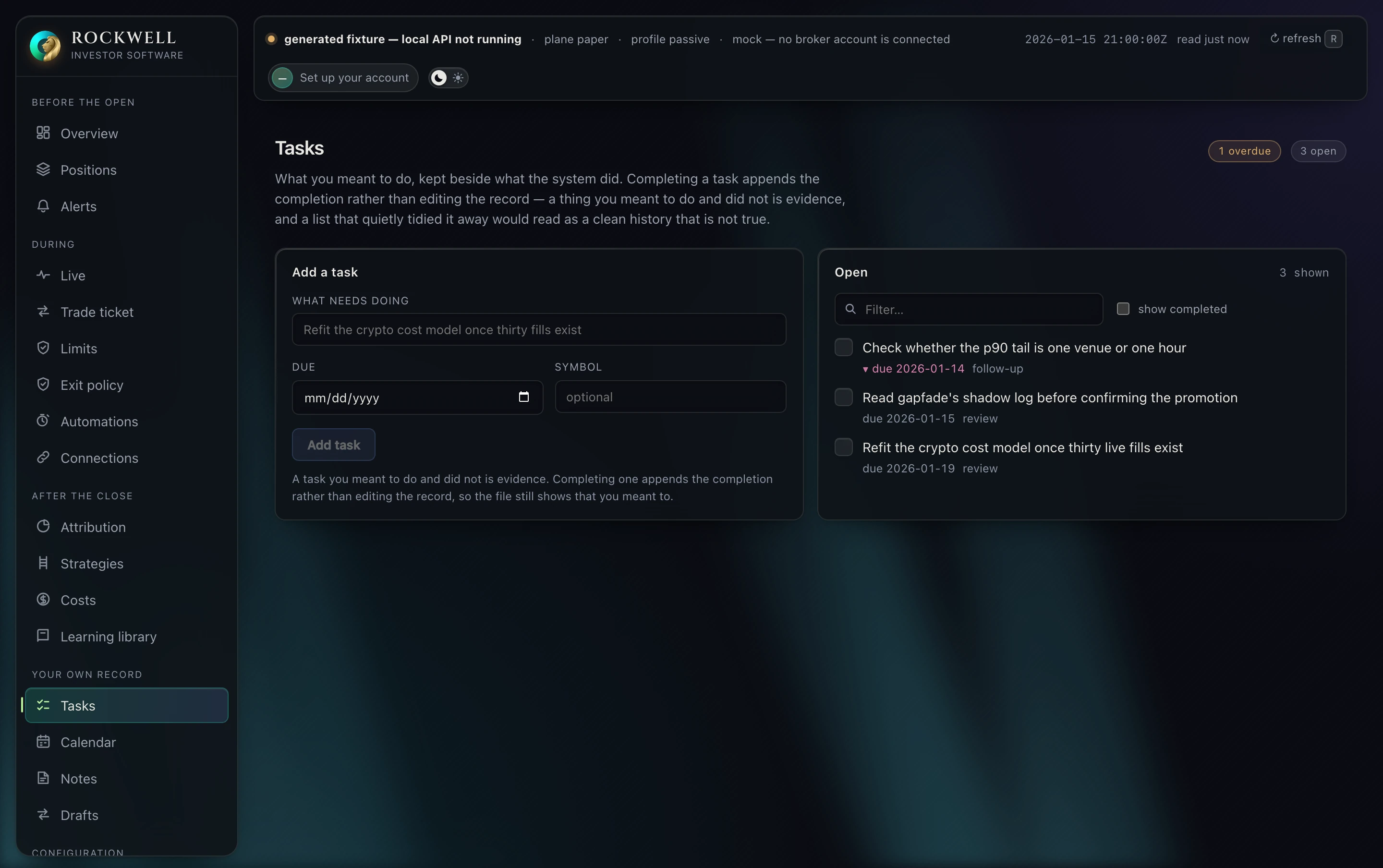 Tasks: completing one appends to the record rather than editing it, so the file still shows what you meant to do