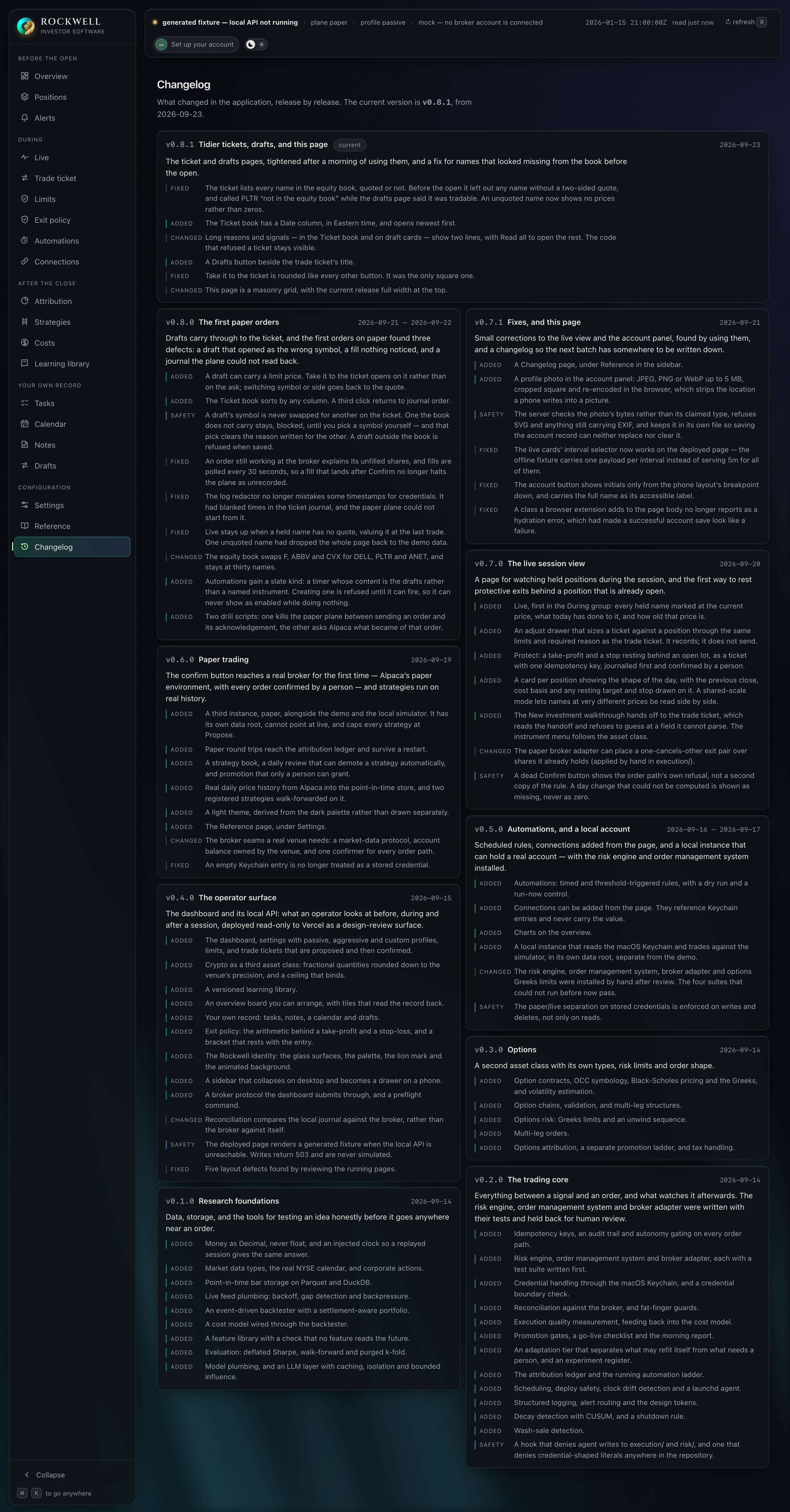 Changelog: every release since the research foundations, with safety changes marked apart from features and fixes