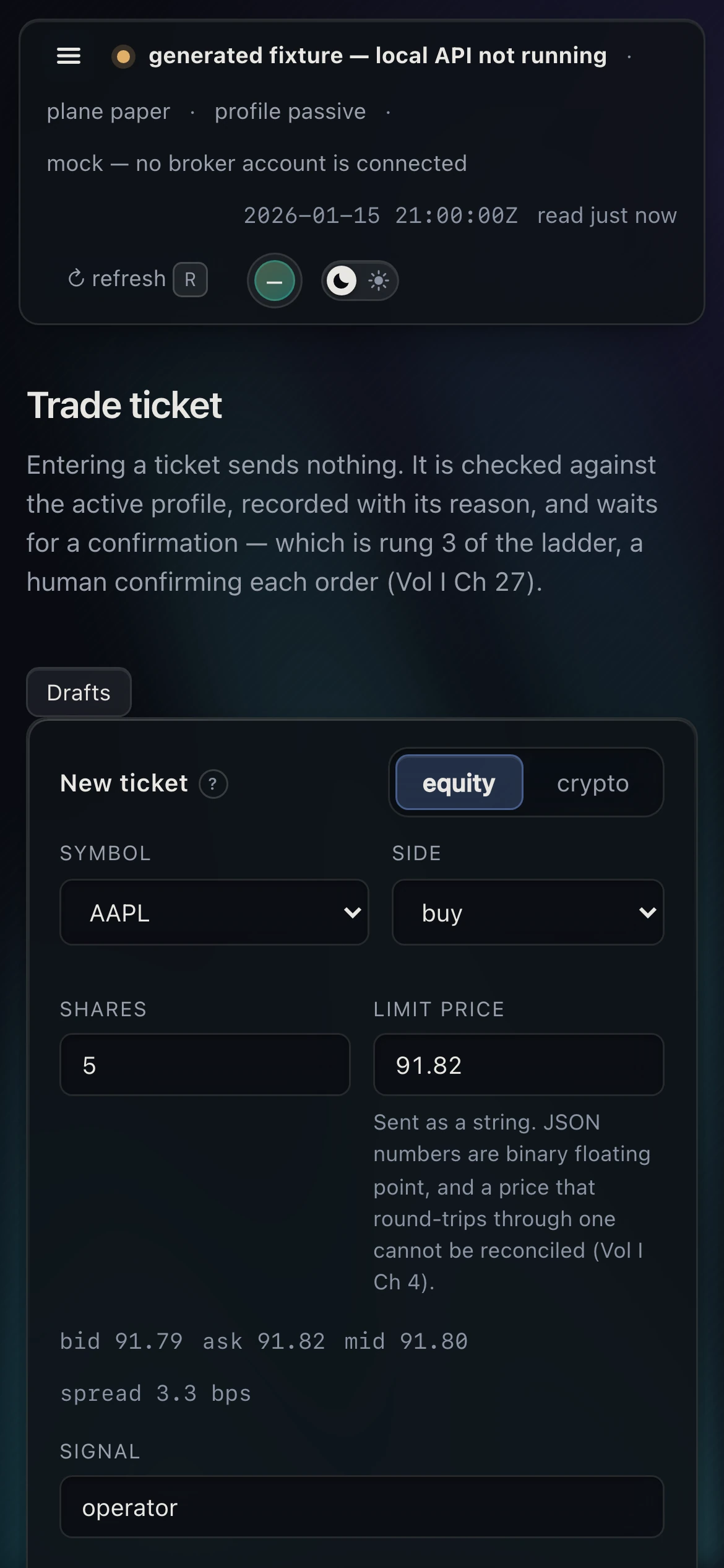 390px: the trade ticket