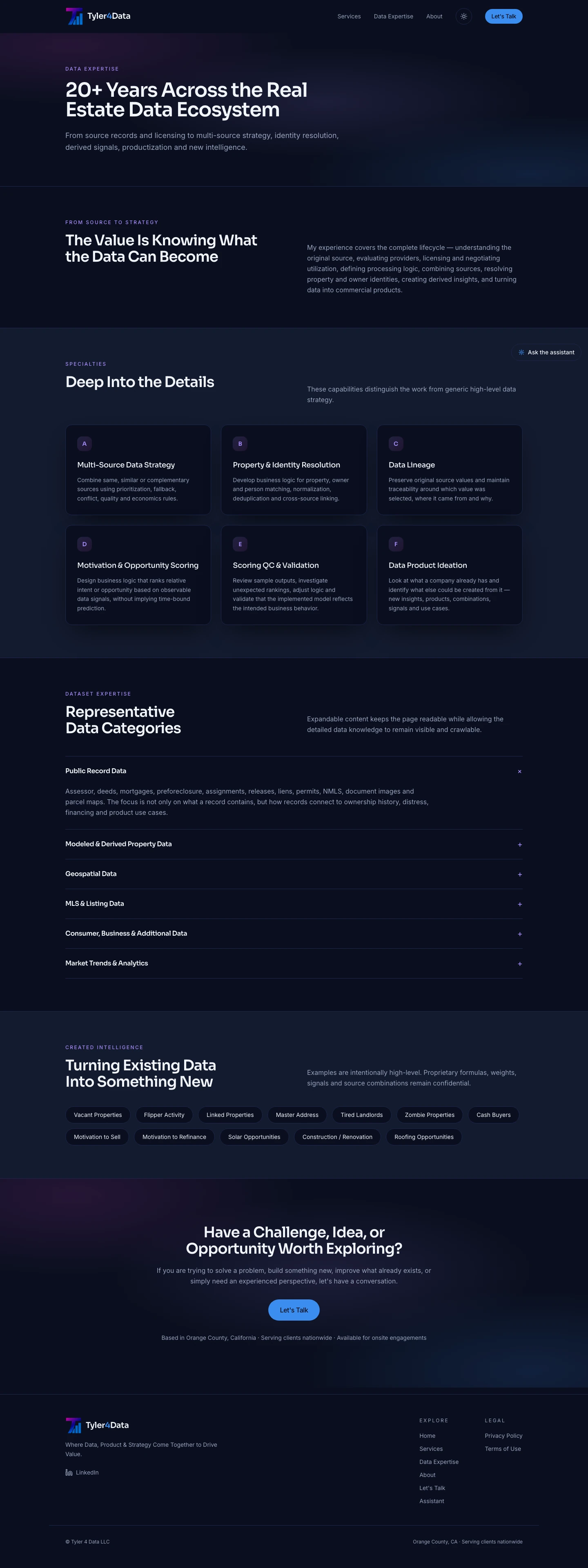 Data Expertise — the accordions and specialty cards holding their hierarchy against a dark surface