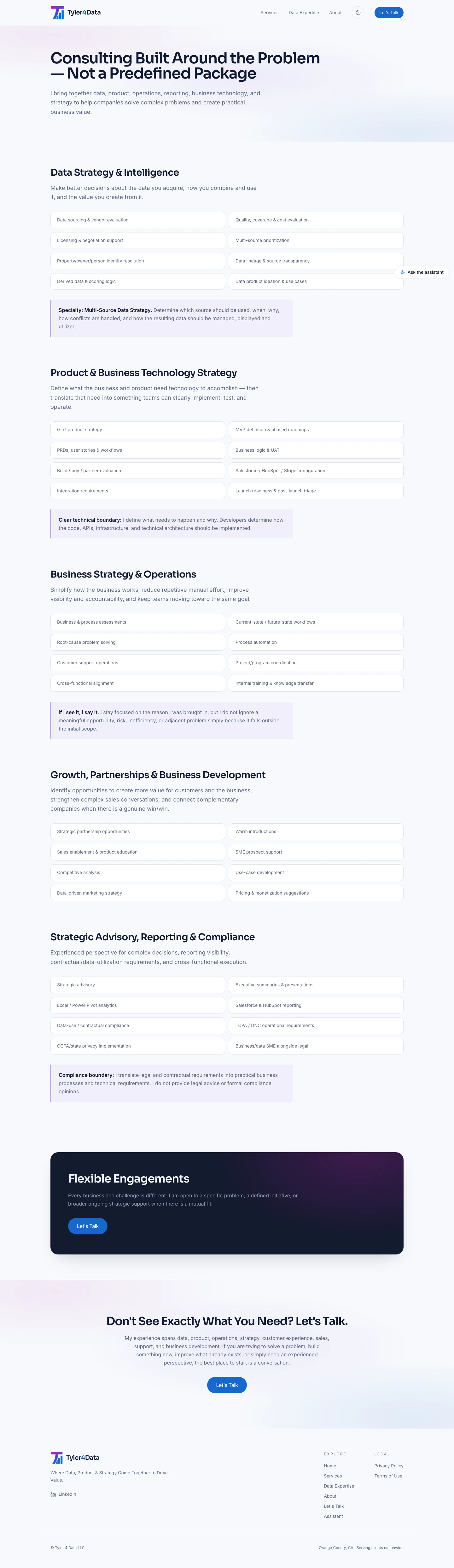 Services — five categories built around the problem, with “Flexible Engagements” standing where a rate card would be