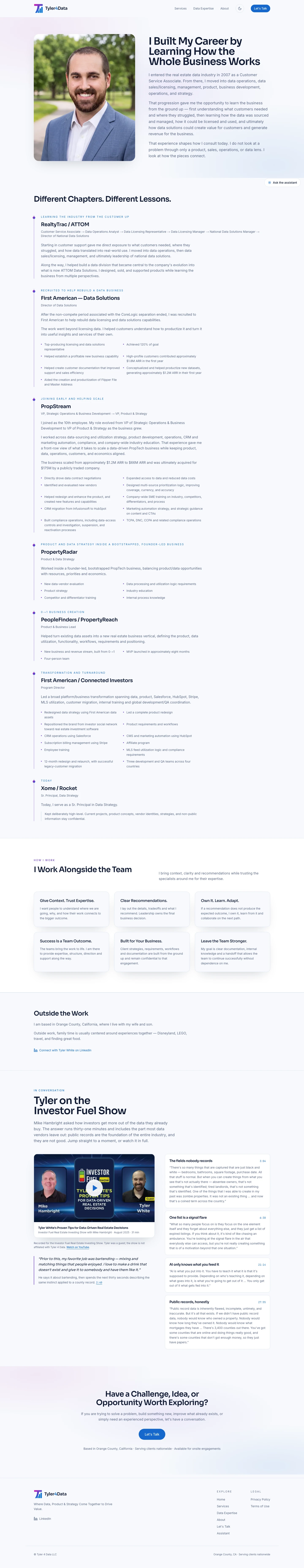 About — the one page where employers are named, each outcome attributed to the business rather than the person