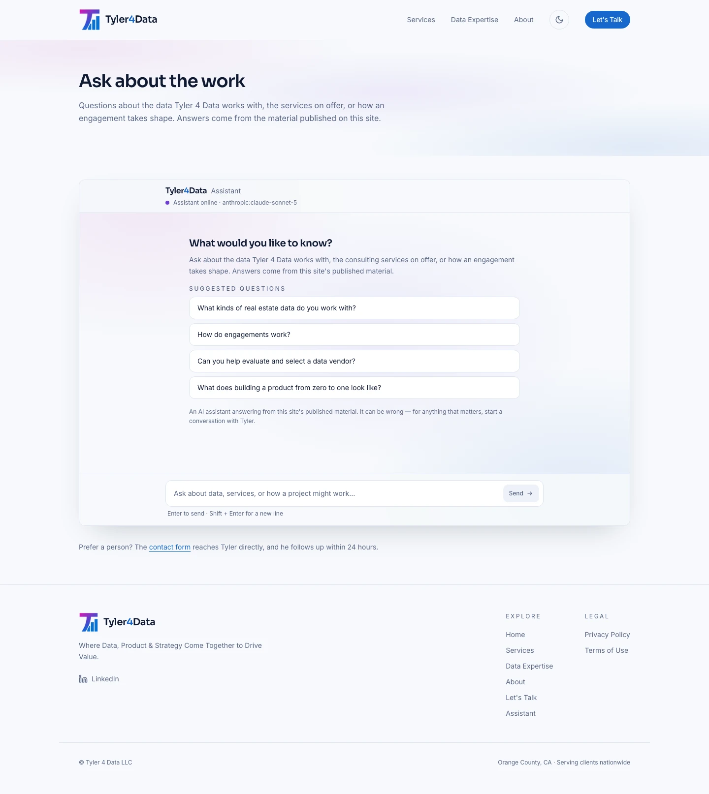 Assistant — the Claude-powered chat, answering from the site's own approved copy