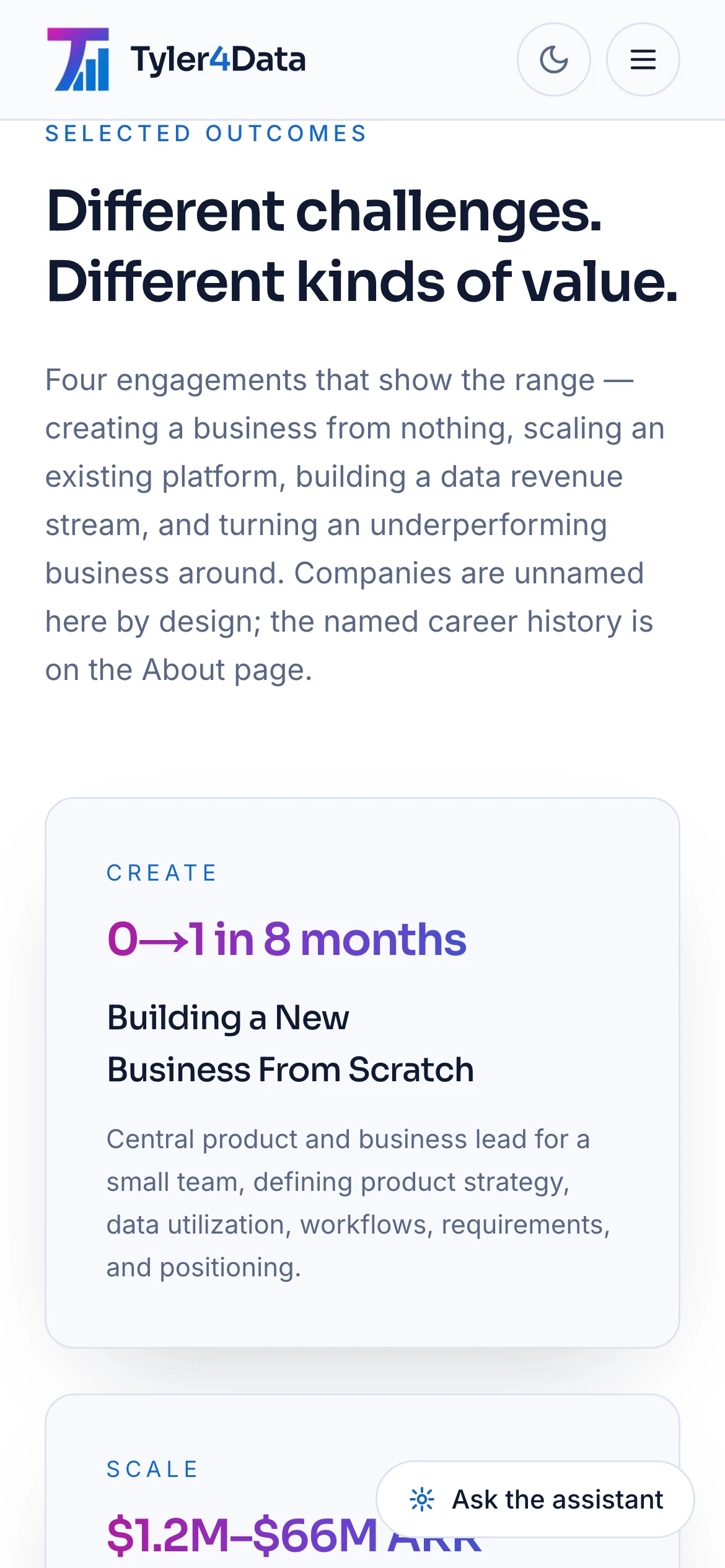 390px — the four outcome cards, each one a company he helped scale rather than a client