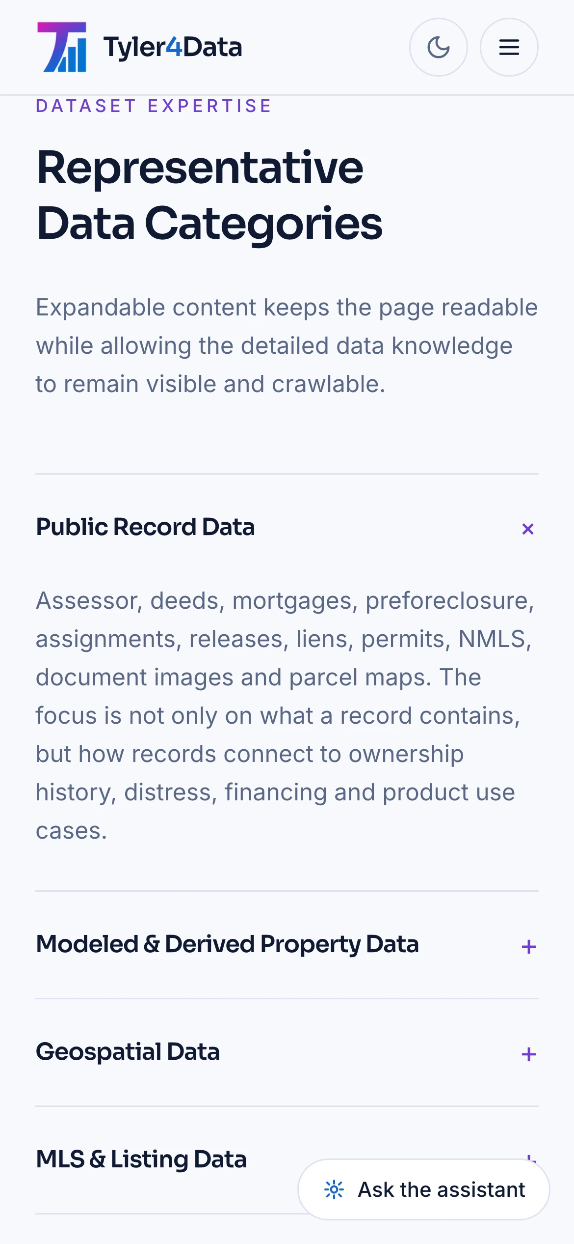 390px — the dataset accordions, expandable so the detail stays crawlable without crowding the page