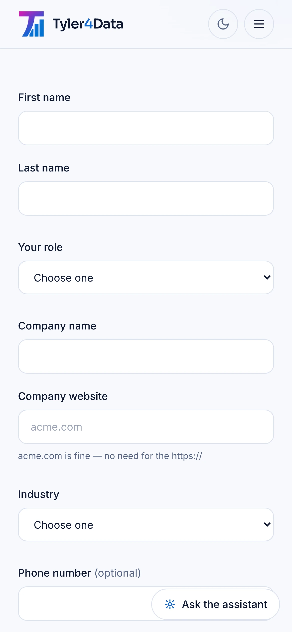 390px — the intake form, where most of it is actually filled in