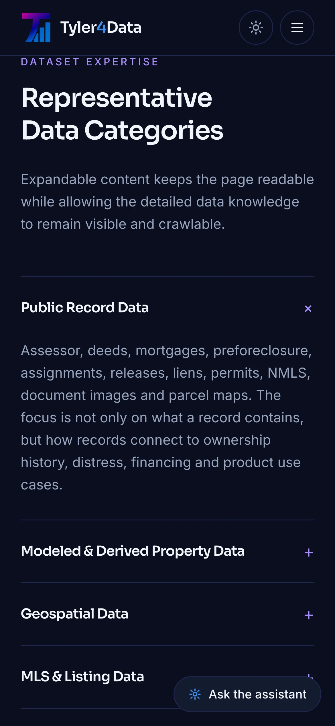 390px dark — the dataset accordions
